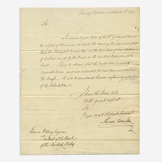 [Hamilton, Alexander] [First Bank of the United States] Letter, signed