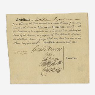[Hamilton, Alexander] [Morris, Gouverneur, and Rufus King and Oliver Wolcott, Jr., et al.] Partially-Printed Share in Alexander Hamilton's Estate