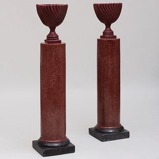 Pair of Italian Faux Porphyry Scagliola Columns with a Pair of Maroon Painted Urns