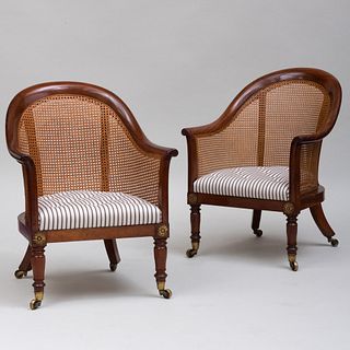 Pair of George IV Gilt-Metal-Mounted Mahogany and Caned Tub Chairs