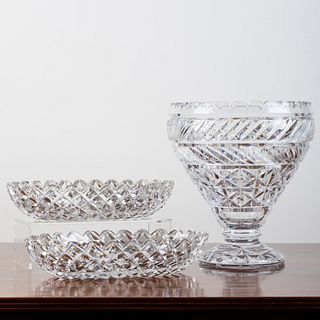 Pair of Irish Cut Glass Oval Dishes and a Vase