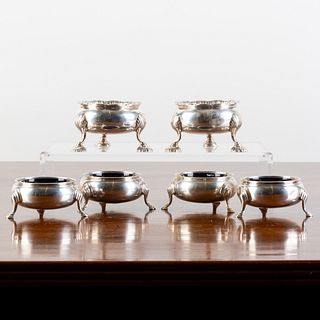 Pair of George II Silver Salt Cellars and a Set of Four English Silver Salts