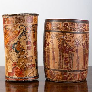 Two Mayan Polychrome Pottery Cylindrical Vessels