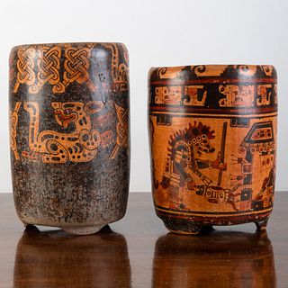 Two Pre-Columbian Polychrome Painted Pottery Cylindrical Footed Vessels,  Possibly Mixtec