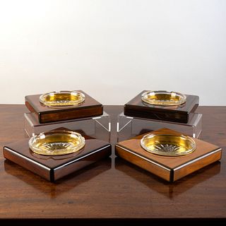 Group of Four Dunhill Brass-Mounted Wood and Glass Ashtrays