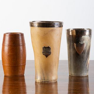 Two Victorian Silver-Mounted Horn Cups and an Oak Barrel Form Vessel