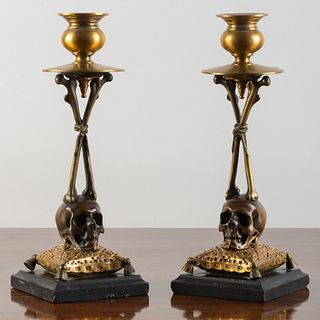 Pair of Brass and Bronze Skull Candlesticks on Marble Bases