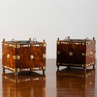 Pair of Brass-Mounted and Mother-of-Pearl Inlaid Square Burlwood Orange Tubs