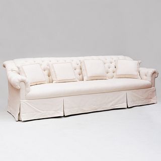 Large Tufted Linen Upholstered Sofa with Four Matching Pillows