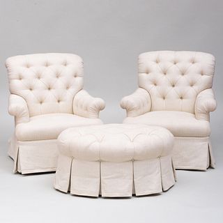 Pair of Upholstered Club Chairs Together with a Matching Ottoman