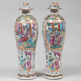 Pair of Chinese Export Famille Rose Porcelain Vases and Two Covers