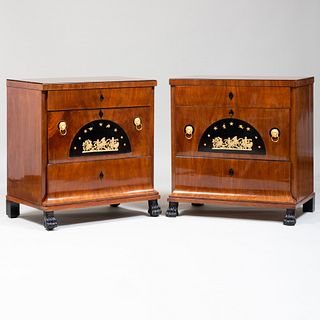 Near Pair of German Neoclassical Gilt-Metal-Mounted Mahogany and Ebonized Chest of Drawers