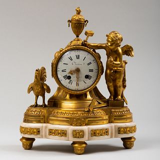 Louis XVI Style Ormolu and Marble Mantel Clock with Putti and Rooster