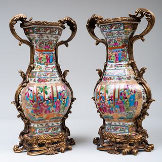 Pair of Gilt-Bronze Chinese Export Style Porcelain Vases