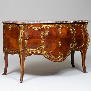 Louis XV Style Ormolu-Mounted Tulipwood and Kingwood Parquetry Commode 