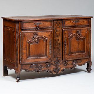 Louis XV Style Provincial Carved Fruitwood and Inlaid Oak Side Cabinet, Probably Bourgogne