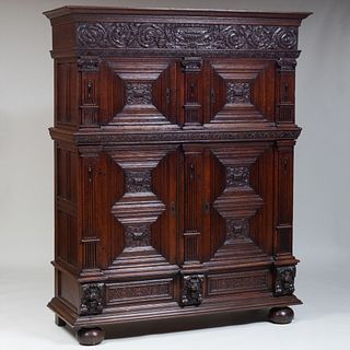 Continental Early Baroque Style Carved Oak and Ebonized Cabinet, Possibly French