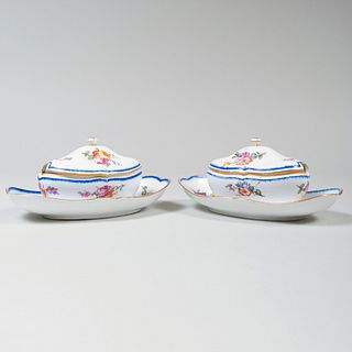 Pair of SÃ¨vres Porcelain 'Feuille de Choux' Sauce Tureens on Fixed Stands
