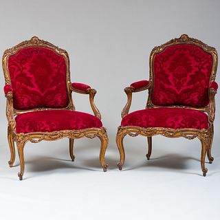 Pair of Louis XV Style Giltwood Fauteuils Ã  la Reine