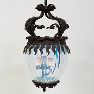Wrought Iron and Opalescent Glass Three-Light Hall Lantern
