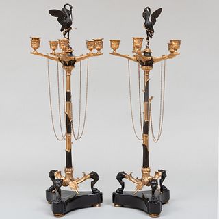 Pair of Continental Gilt and Patinated-Bronze Candelabra, of Recent Manufacuture