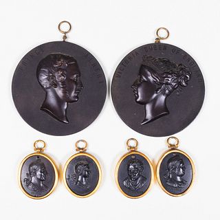 Group of Four Basalt Portrait Plaques and  Two French Bois Durci Portraits of Albert and Victoria