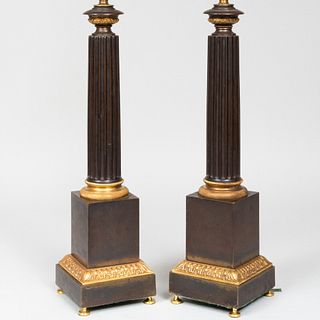 Pair of Louis-Philippe Decourt Parcel-Gilt Patinated Bronze Lamps