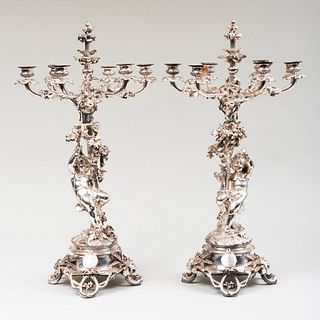 Pair of Christofle Silver Plate Figural Six-Light Candelabra