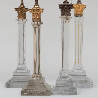 Assembled Set of Four Gilt-Bronze-Mounted Crystal Faceted Columnar Lamps