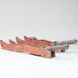 Pair of French Metal-Mounted Painted Wood Models of Signal Cannons, Marked Mars and Hector