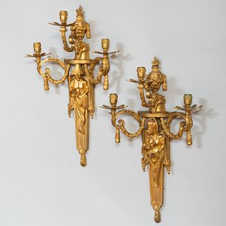 Pair of Louis XVI Style Gilt-Bronze Three Branch Sconces