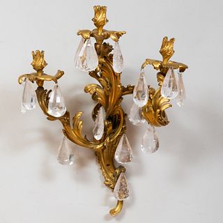 Massive Pair of Louis XV Style Gilt-Bronze-Mounted Rock Crystal Three-Light Sconces