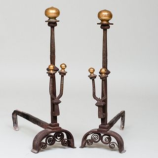 Pair of Continental Brass and Metal Andirons