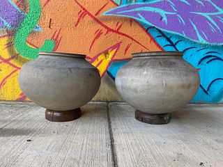 Pair Oversized Gray Terra Cotta Vessels on stands