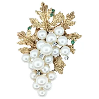 Sophisticated Pearl, Diamond & Emerald Cluster Brooch / Pin