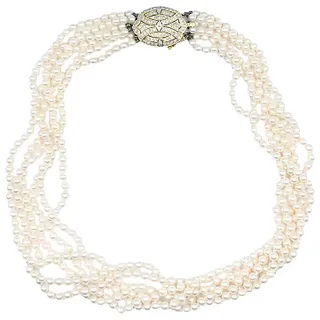 Six Strand Cultured Pearl, Diamond & 14K Gold Necklace