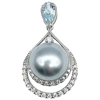 Sophisticated Pearl, Diamond & Aquamarine Drop Pendant