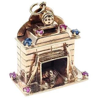Endearing 14K Gold, Ruby & Sapphire Fireplace Pendant / Charm