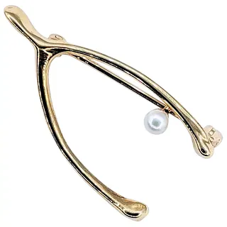 Charming Akoya Pearl & 14K Gold Wishbone Pin / Brooch