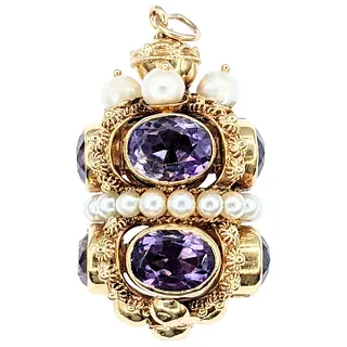 Bold & Substantial 18K Gold, Amethyst & Pearl Pendant