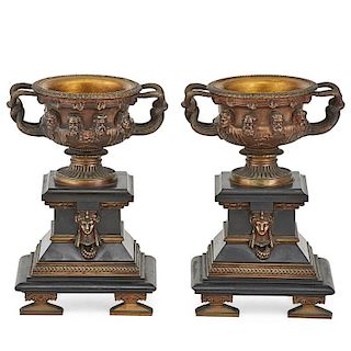 PAIR OF NEOCLASSICAL BRONZE AND MARBLE URNS