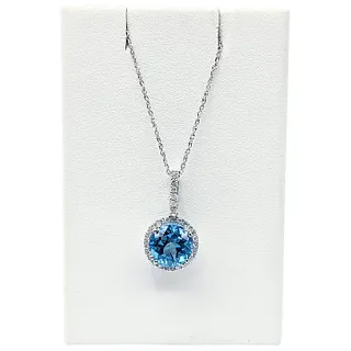 Sparkling Blue Topaz & Diamond Halo Pendant Necklace