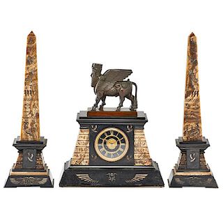 EGYPTIAN REVIVAL ONYX AND MARBLE GARNITURE CLOCK