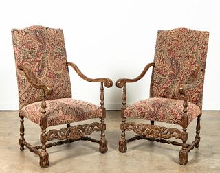 PR, LOUIS XIV STYLE PAISLEY UPHOLSTERED ARMCHAIRS