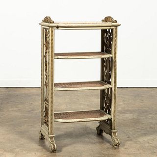 FRENCH PAINT DECORATED MARBLE TOP CANED ETAGERE