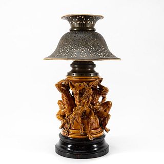 H. BOULANGER, LARGE MAJOLICA FIGURAL TABLE LAMP