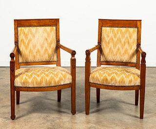 TWO, FRENCH CARVED WALNUT NEOCLASSICAL FAUTEUILS