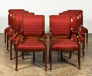 SET, EIGHT RED SQUARE UPHOLSTERED DINING CHAIRS