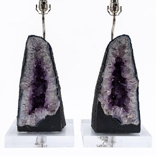 PAIR, CATHEDRAL AMETHYST GEODE TABLE LAMPS