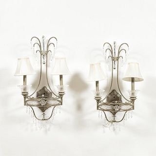 PAIR, PAINTED IRON & CRYSTAL TWO-LIGHT SCONCES